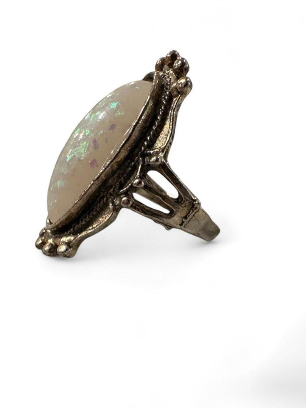 Vintage-Inspired Silver-Tone Statement Ring + Opal Cabochon